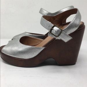 Silver Metallic Platform Wedge Sandals with Ankle Strap